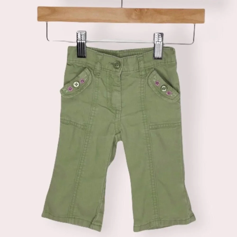 Janie and Jack pants‎ olive with embroidered flowers on pocket size 3-6 months